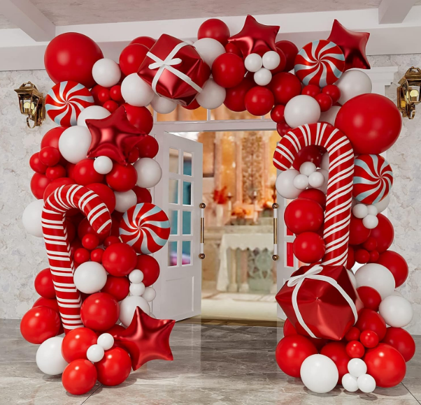 Illustration of a Christmas balloon archway with red and white balloons, candy canes, spiral candies, stars, and gift boxes.