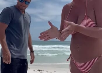 Backstreet Boys singer Brian Littrell and his wife Leighanne are seen arguing with beachgoers outside their $3.8 million Florida beach home, over what they claim are trespassing incidents onto their private beach