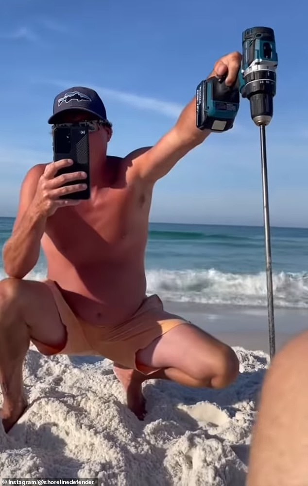 Footage of different spats showed the property manager holding the drill in his hand as he argued with beachgoers he claimed were trespassing onto Littrell's private beach