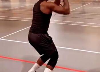 Congolese national Benjamin Katabana (pictured playing basketball), 27, is accused of stabbing to death Ucheena Okirie who was aged in his 30s at Somerleyton House, Norwich, Norfolk