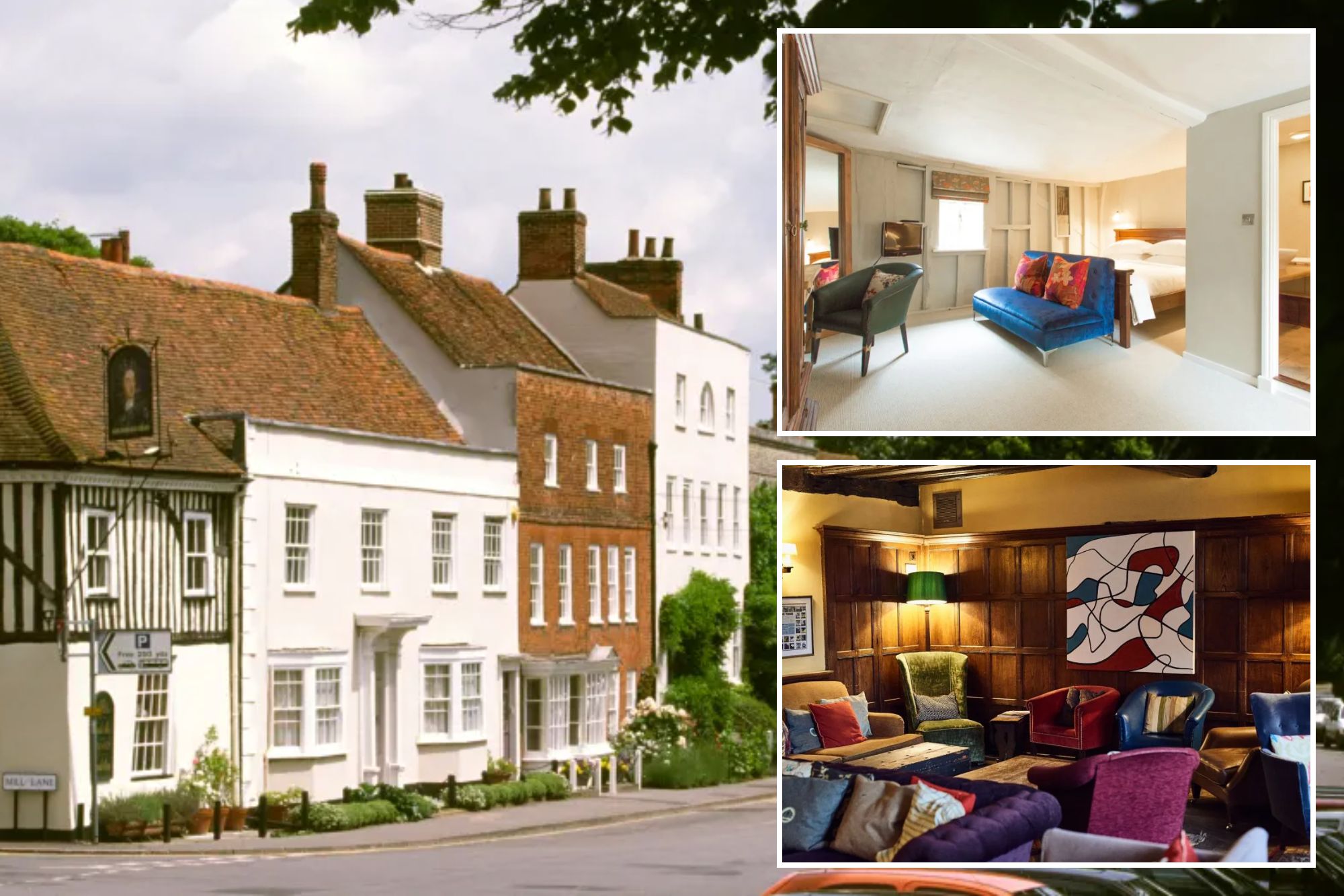 An image collage containing 3 images, Image 1 shows The village center of Dedham, UK, with a row of 18th-century houses along a street where cars are parked, and people are walking, Image 2 shows Bedroom with a blue sofa, arm chair, wooden wardrobe, a window, and an open doorway leading to a bathroom, Image 3 shows Lounge area with varied seating and wood-paneled walls at The Sun Inn Dedham