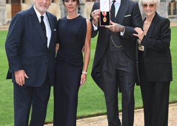 Victoria and Sandra Beckham looked on with pride as David received his Knighthood from the King in Windsor on Tuesday - while also looking incredibly chic