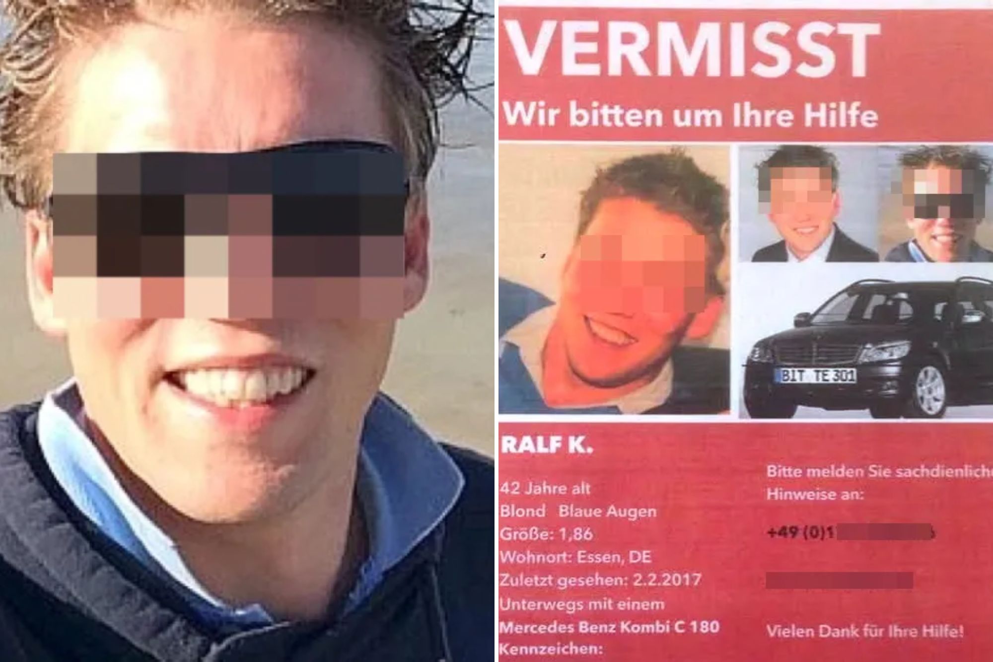An image collage containing 2 images, Image 1 shows A man with pixelated eyes smiling on a beach, Image 2 shows Missing person poster for Ralf K. with his photos and a black Mercedes-Benz Kombi C 180