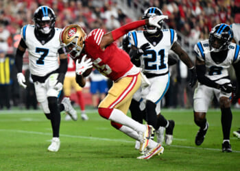 San Francisco 49ers wide receiver Jauan Jennings runs for a touchdown against the Carolina Panthers during the first half an NFL football game on Monday, Nov. 24, 2025, in Santa Clara, California.