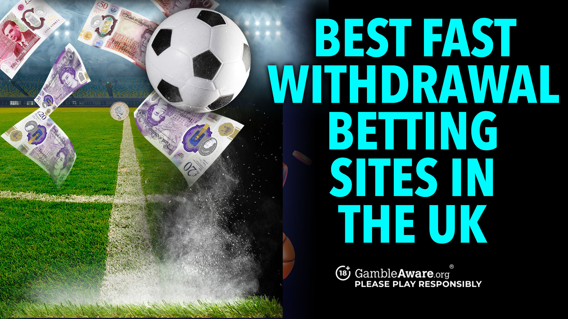 Collage of a soccer field with British money and a soccer ball, with text "BEST FAST WITHDRAWAL BETTING SITES IN THE UK".