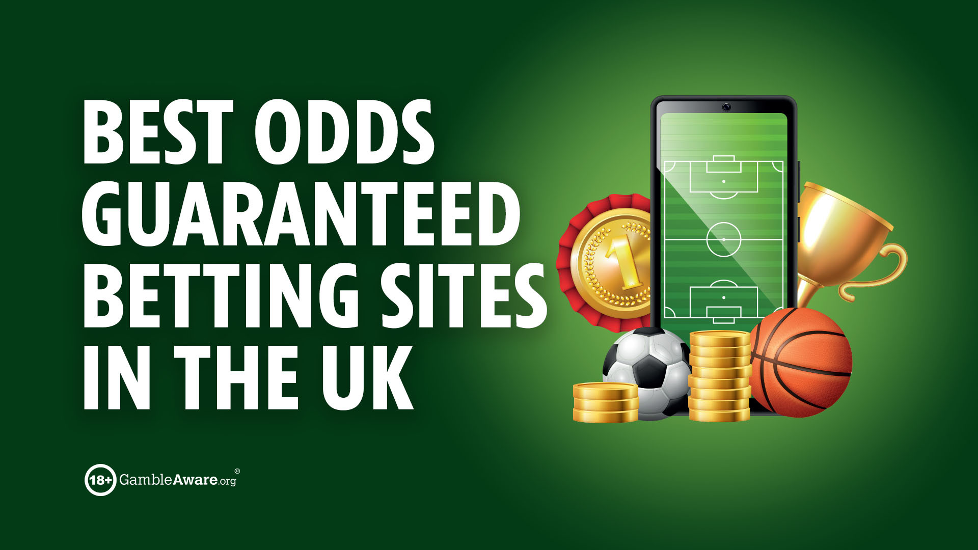Illustration of sports betting elements including a phone with a soccer field, a gold medal, a trophy, gold coins, a soccer ball, and a basketball.