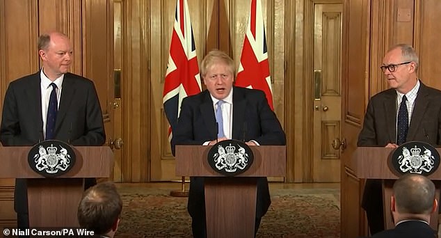 Then Prime Minister Boris Johnson, pictured, centre, with Mr Whitty, left, and Chief Scientific Adviser Sir Patrick Vallance, right, speaking during a press conference in March 2020