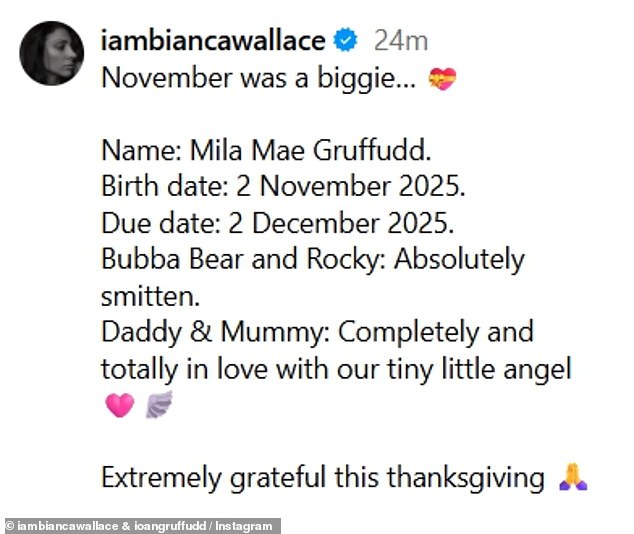 The couple, who first went public with their relationship in 2021, also revealed their daughter's adorable name and that Bianca gave birth on November 2