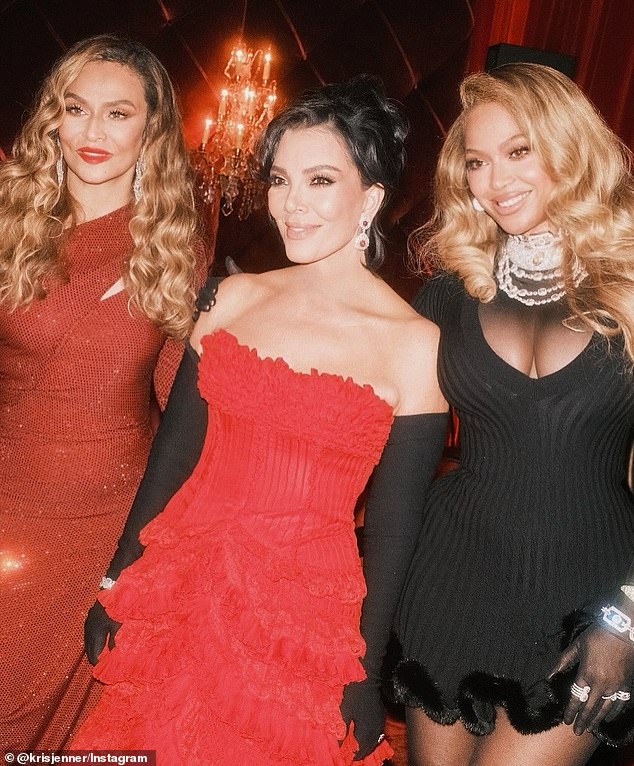 Kris posed with Beyoncé (right) and enjoyed a dance session with Justin Bieber as she shared behind-the-scenes snaps from her birthday bash over the weekend (Tina Knowles seen left)