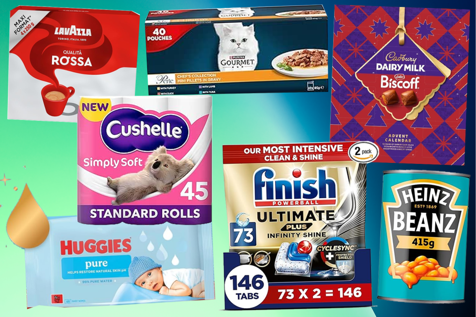 Collage of various Black Friday essential household products including Lavazza coffee, Purina Gourmet cat food, Cadbury Dairy Milk Biscoff Advent Calendar, Cushelle toilet paper, Huggies baby wipes, Finish dishwasher tablets, and Heinz Beanz.