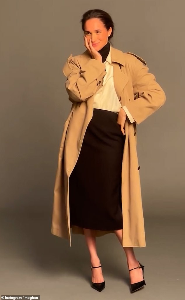 The Duchess of Sussex is also seen posing with a smile as directors off camera tell her to be 'romantic'