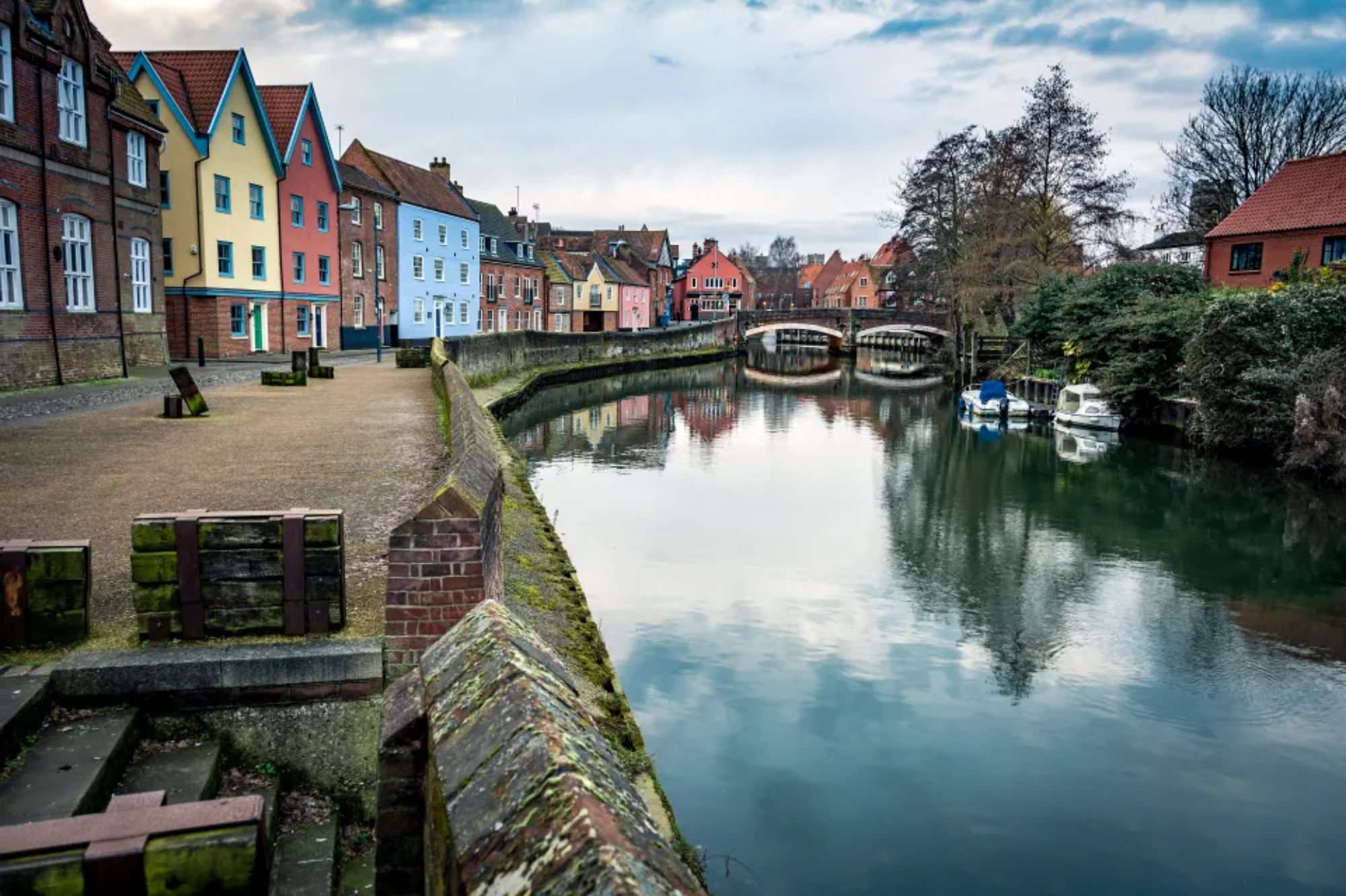 An image collage containing 1 images, Image 1 shows Norwich riverside scene along the banks of the river Wensum
