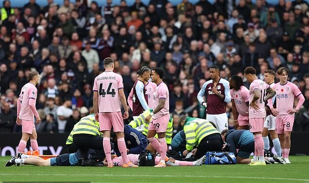 Bournemouth players stand around after seeing Tyler Adams and Adam Smith clash heads