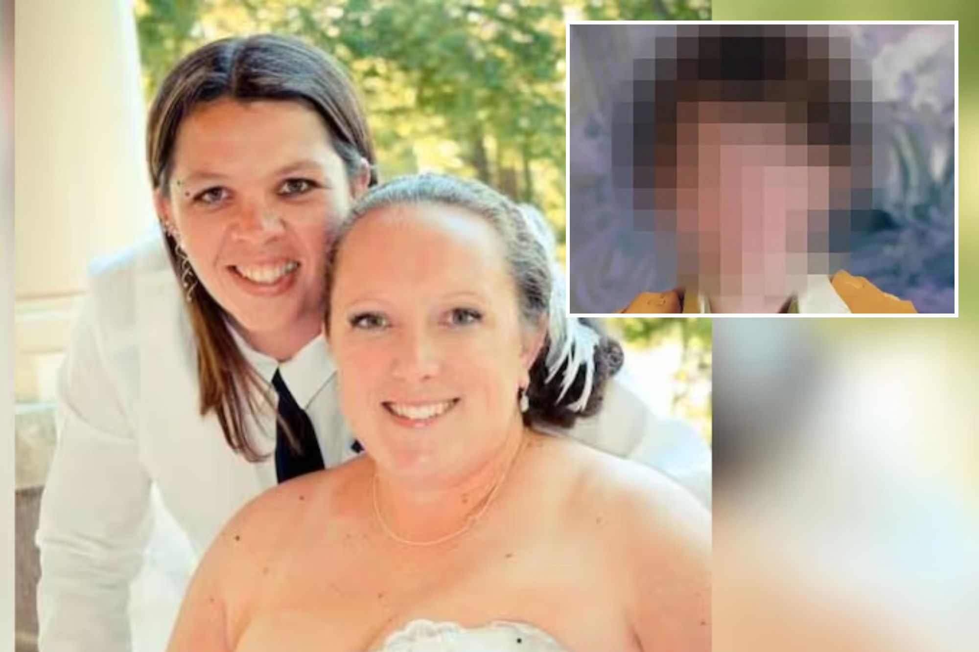 An image collage containing 2 images, Image 1 shows Smiling photo of two women, one in a white shirt and black tie and the other in a strapless white gown, Image 2 shows Pixellated image of a boy in a yellow shirt and orange vest with embroidered blue flowers