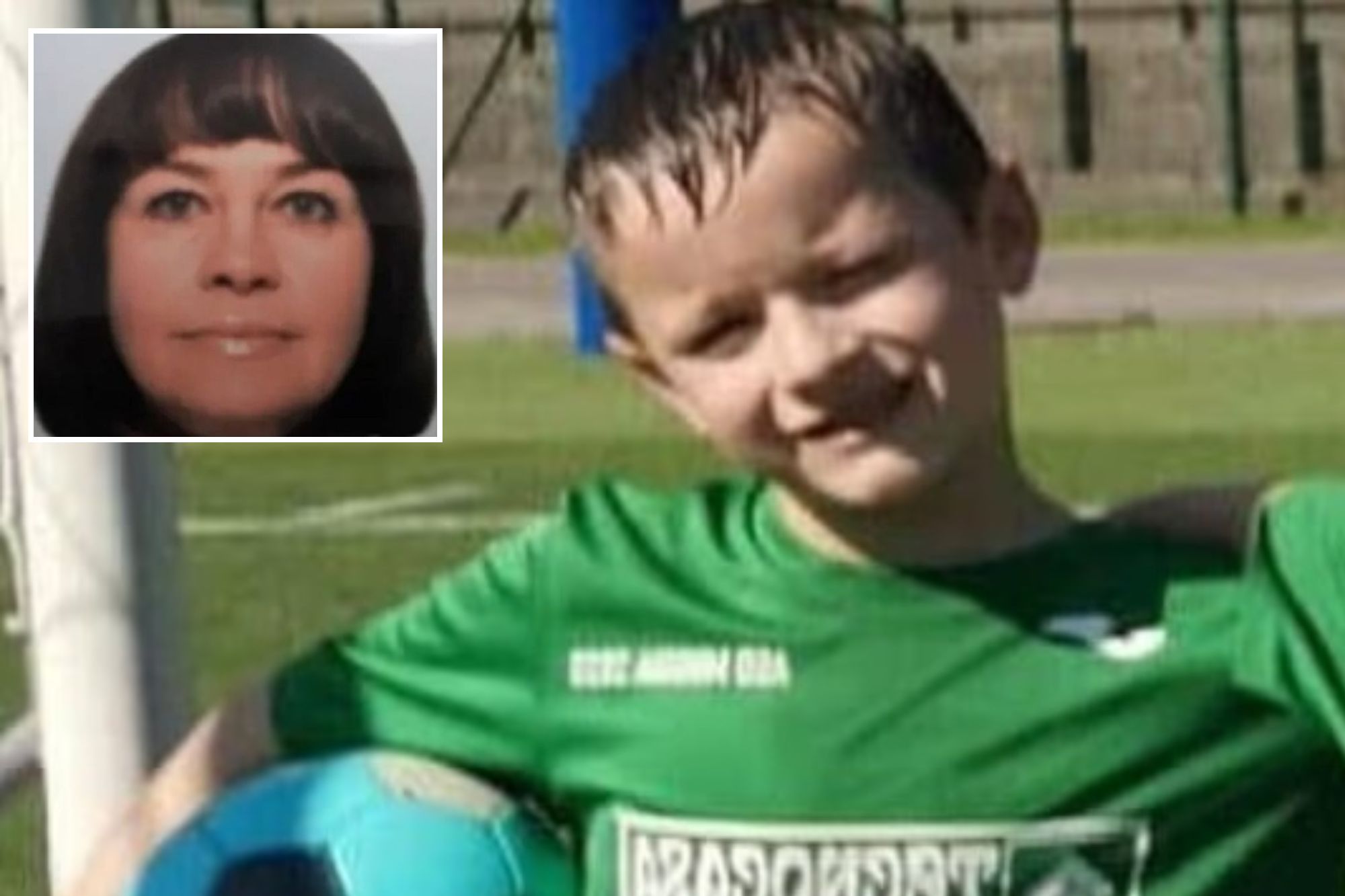 An image collage containing 2 images, Image 1 shows Giovanni, a nine-year-old boy, in a green soccer jersey holding a blue soccer ball, Image 2 shows Olena Stasiuk, a 55-year-old Ukrainian woman with dark bobbed hair and bangs, looks directly at the camera
