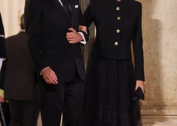 France's President Emmanuel Macron and First Lady Brigitte Macron are seen at the Elysee Palace dinner as part of the Paris Peace Forum at Elysee Palace on October 29, 2025 in Paris, France