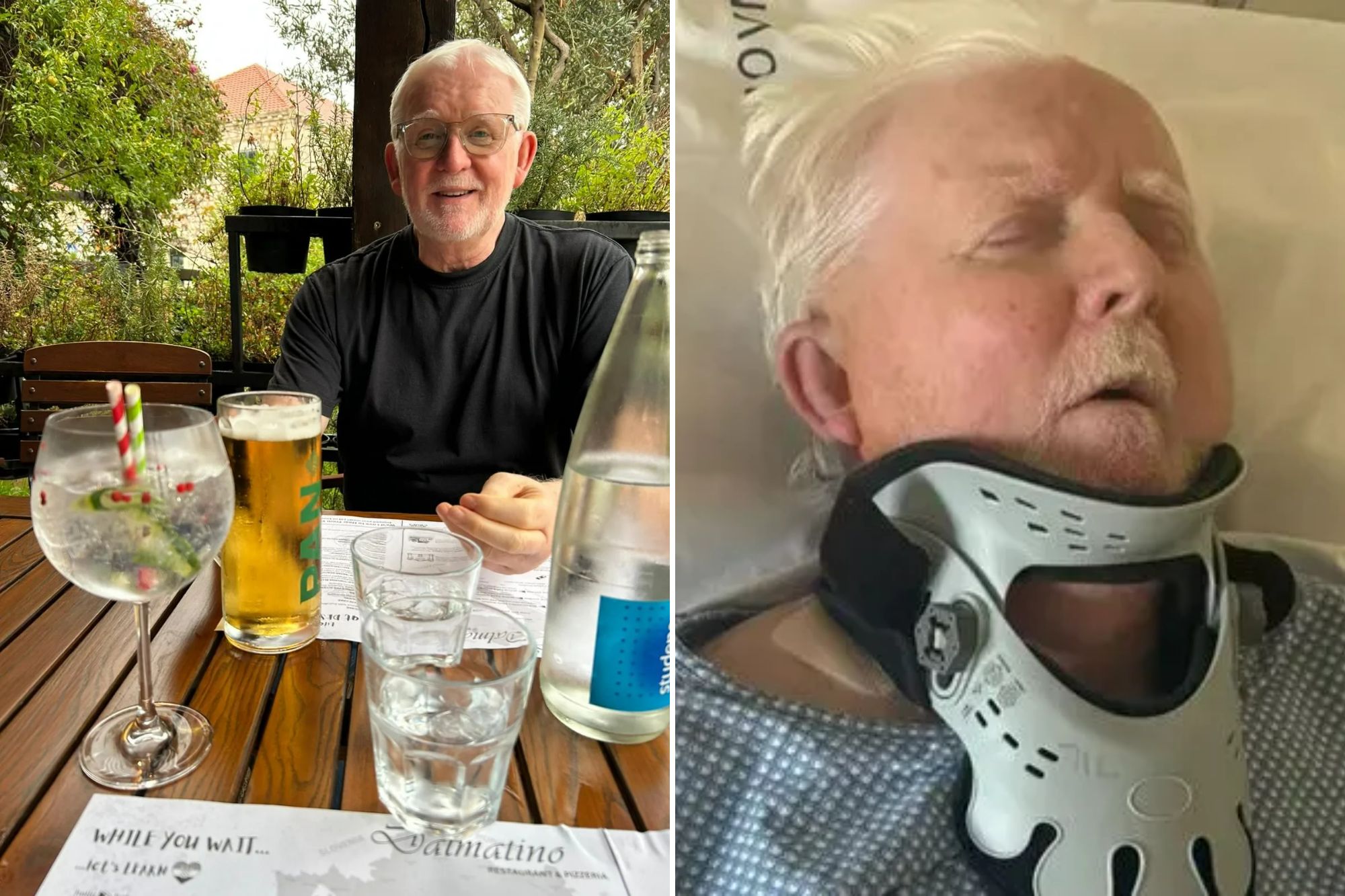 An image collage containing 2 images, Image 1 shows Brian Ackroyd seated at a table with drinks, smiling at the camera, Image 2 shows Brian Ackroyd lying in a hospital bed with his eyes closed and a neck brace