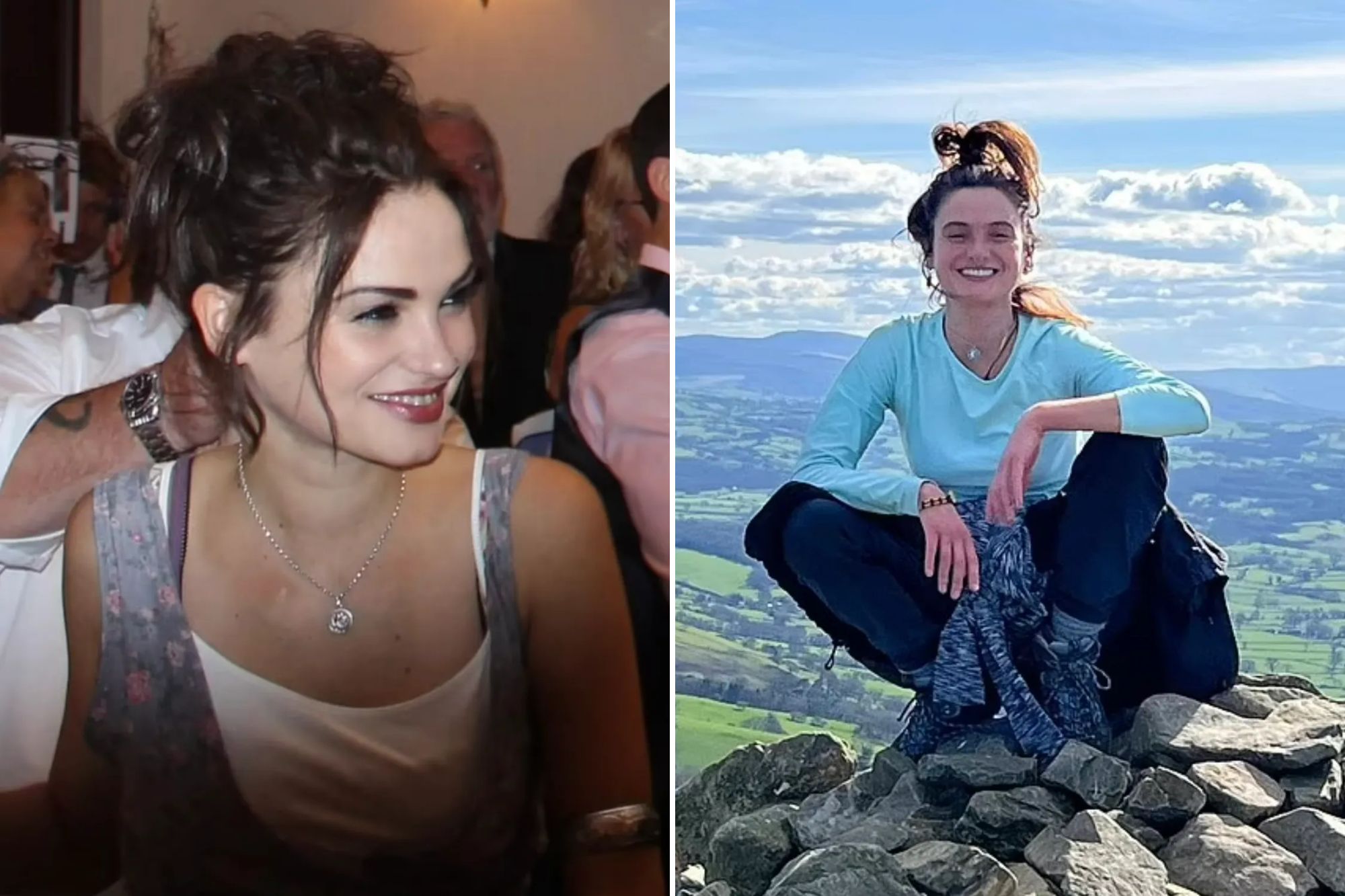 An image collage containing 2 images, Image 1 shows Eleanor Thompson smiling, Image 2 shows Eleanor Thompson, a woman with brown hair tied in a bun, crouches on a pile of rocks with a mountainous landscape behind her