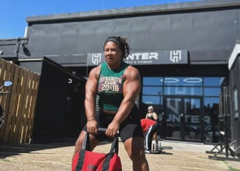 Andrea Thompson, 43, initially came second in the competition because of her performance in the 'Stone Series' challenge, where the women had to lift four implements over a 42-inch beam weighing up to 300 pounds
