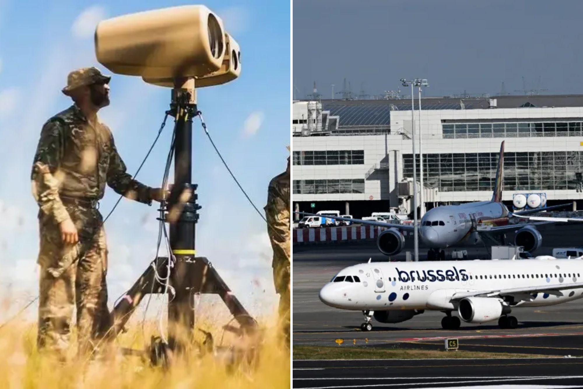 An image collage containing 2 images, Image 1 shows NINTCHDBPICT001037431112, Image 2 shows FILES-BELGIUM-TRANSPORT-AVIATION-DRONES