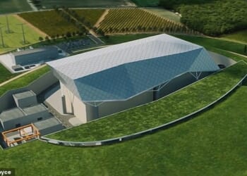 The power plant, roughly the size of two football pitches, will be supplying power to the grid from the mid-2030s, the government hopes. Pictured, the latest artist's impression