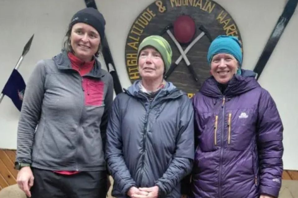 An image collage containing 1 images, Image 1 shows Emily Jane Coates, Mary Reape, and Catherine Jane Wilson, who were stranded in the Himalayas, pose for a photo