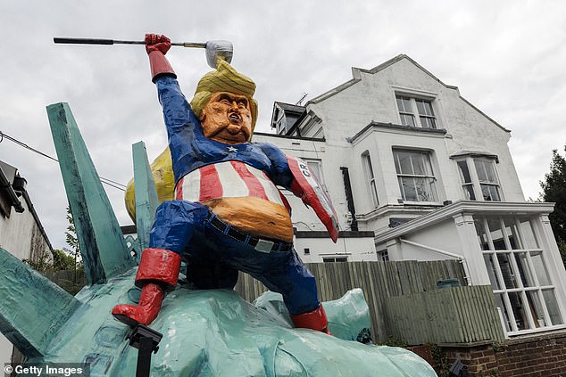 An effigy of Donald Trump (pictured) was set to burn in Lewes