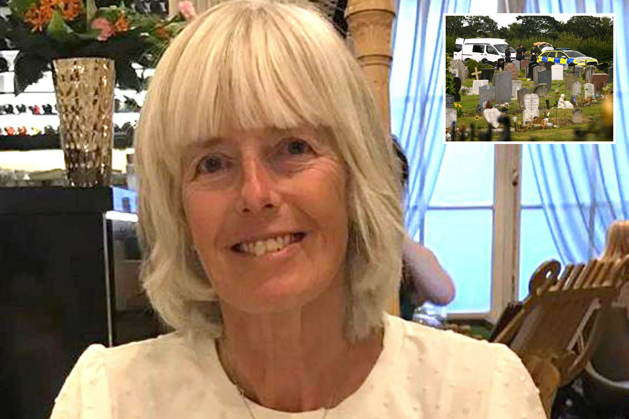 An image collage containing 2 images, Image 1 shows Photo of Ann Blackwood, Image 2 shows Police investigating a murder at a cemetery