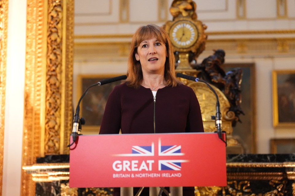 Britain's Chancellor of the Exchequer Rachel Reeves speaking at a podium with the "GREAT Britain & Northern Ireland" logo.