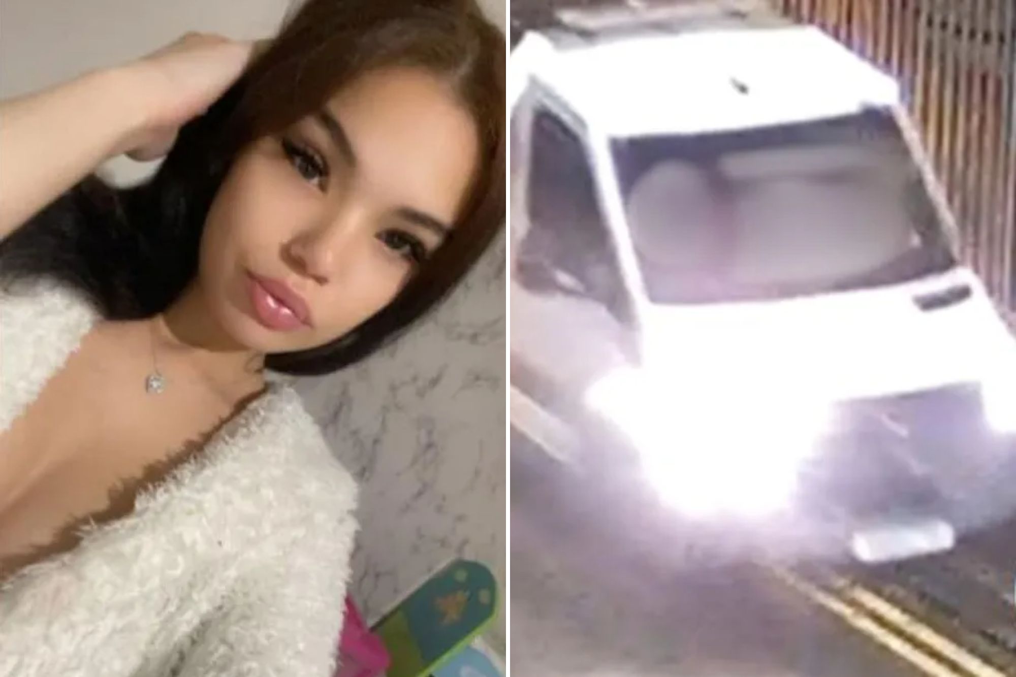 An image collage containing 2 images, Image 1 shows Lily Whitehouse posing with her hand in her hair, Image 2 shows CCTV shows van driving on pavement after hit and run 'murder' of teenager