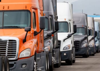 Semitrucks used for shipping are parked near the Otay Mesa Port of Entry on May 3, 2025, in San Diego, California.