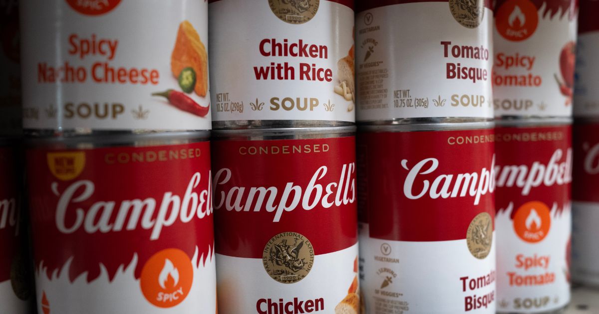 Cans of Campbell's Company soup sit on a shelf in a Chicago store on June 2, 2025.