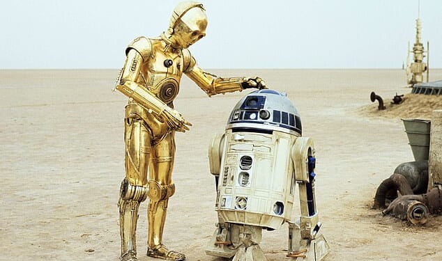 In Star Wars, C-3PO's silver leg often reflects the surroundings to make it look more golden (such as the desert scenes on Tatooine)