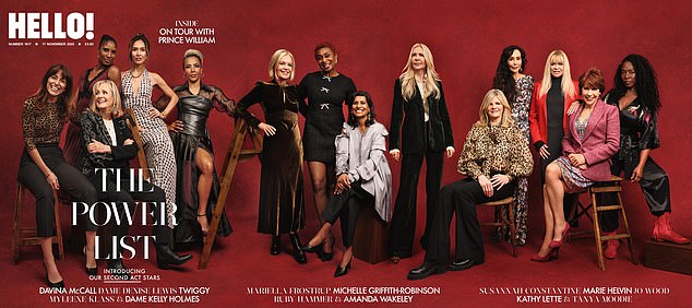 Davina McCall, Myleene Klass and Twiggy are among stars showing that life doesn't stop when you turn 40, as they join the first ever HELLO! Second Act Power List (L-R Davina, Denise Lewis, Twiggy, Myleene, Kelly Holmes, Mariella Frostrup, Michelle Griffith-Robinson, Ruby Hammer, Amanda Wakeley, Susanna Constantine, Marie Helvin, Jo Wood, Kathy Lette, Tanya Moodie)