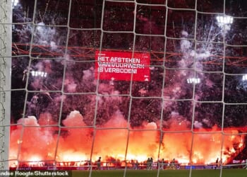 A huge explosion of fireworks behind one of the goals meant that play could not continue