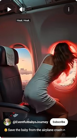 In this video, a panicked mother throws her baby out of a crashing plane's window