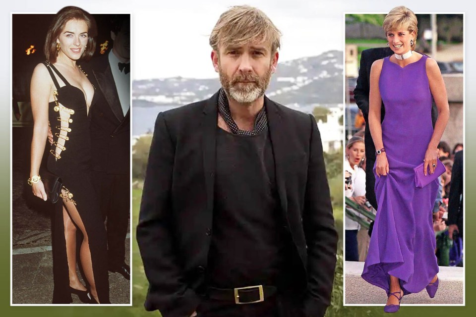 Collage of Elizabeth Hurley in a black dress, a man in a black suit, and Princess Diana in a purple dress.