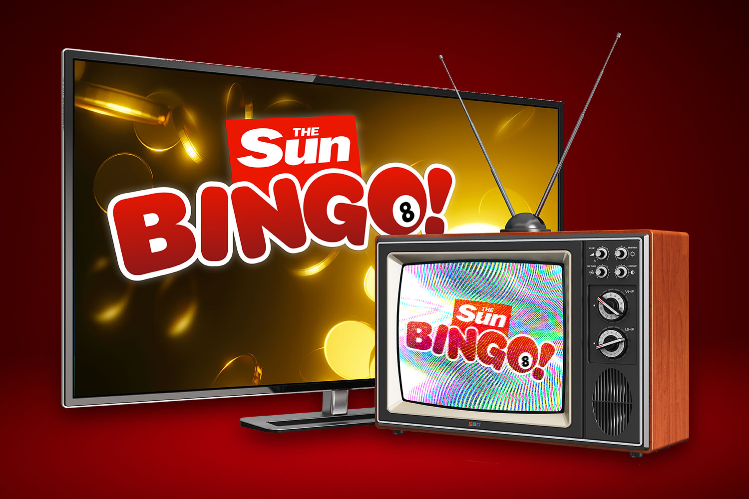 Illustration of a modern flat-screen TV and a retro TV, both displaying "THE SUN BINGO!" logo against a backdrop of gold coins.