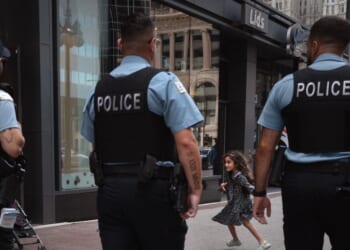 Chicago police patrol downtown on Aug. 26, 2025, in Chicago, Illinois.