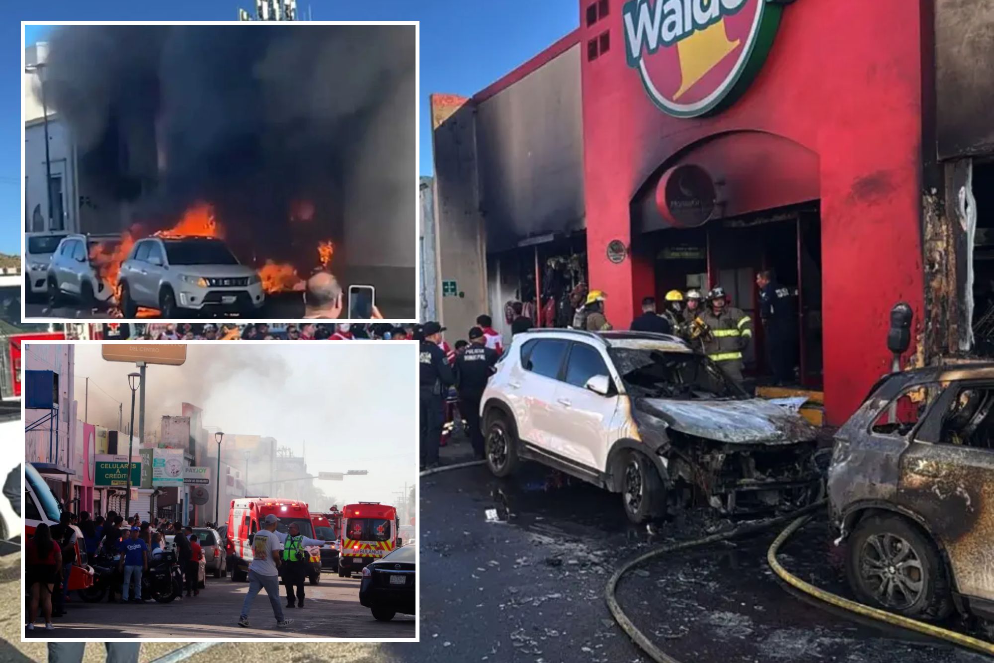 An image collage containing 3 images, Image 1 shows (251102) -- HERMOSILLO, Nov. 2, 2025 (Xinhua) -- Rescuers work at a fire-damaged chain department store in Hermosillo, Sonora state, northern Mexico, on Nov. 1, 2025. At least 22 people were killed after an explosion triggered a fire at a department, Image 2 shows NINTCHDBPICT001035558906, Image 3 shows (251102) -- HERMOSILLO, Nov. 2, 2025 (Xinhua) -- People gather near the site of a fire-damaged chain department store in Hermosillo, Sonora state, northern Mexico, on Nov. 1, 2025. At least 22 people were killed after an explosion triggered a fire at