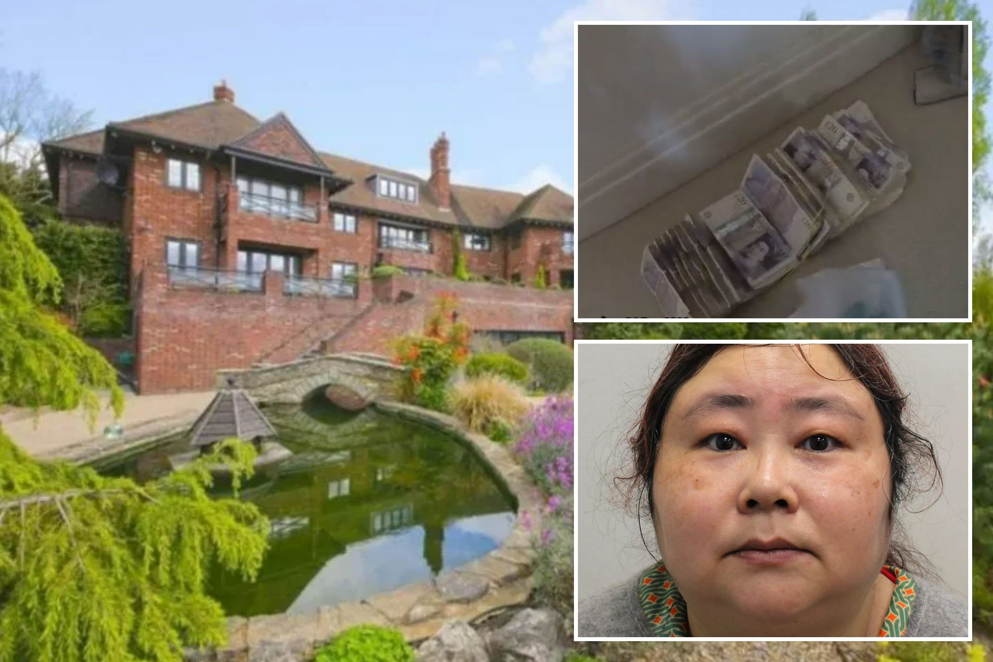 An image collage containing 3 images, Image 1 shows Hampstead mansion linked to Bitcoin money laundering, Image 2 shows Bundles of cash, specifically twenty-pound notes, found on the floor as evidence of fraudulent Bitcoin scheme, Image 3 shows Zhimin Qian, alias Yadi Zhang, who was convicted for her role in a multi-billion dollar Bitcoin fraud