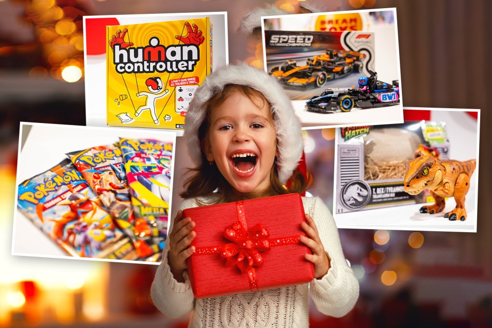 Collage of a child holding a present with Christmas gifts surrounding them.