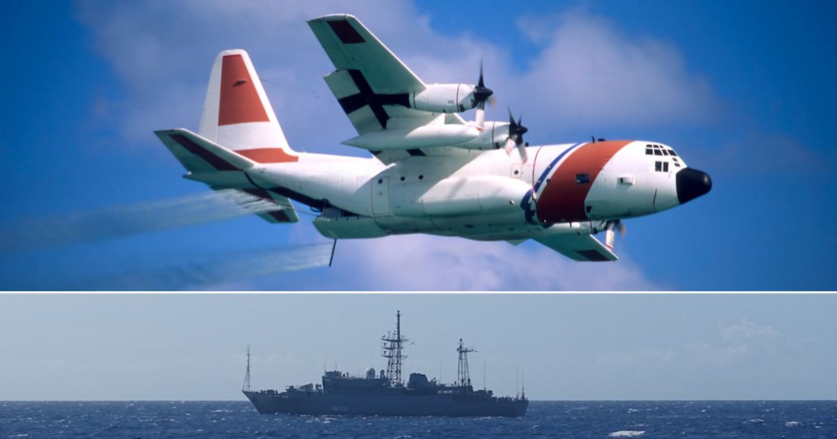 A Coast Guard HC-130, similar to that shown in a file photo at top, helped monitor the Russian spy ship as it lingered near Hawaii.