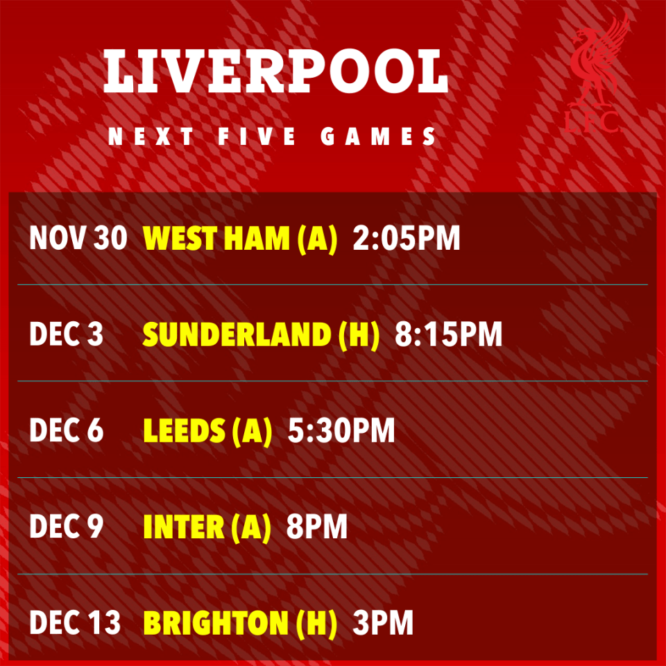 Illustration of Liverpool's next five games schedule.