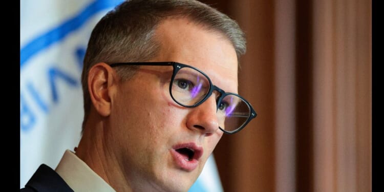 US Rep. Riley Moore speaks at the Environmental Protection Agency Headquarters in Washington, DC, on Feb. 18, 2025.