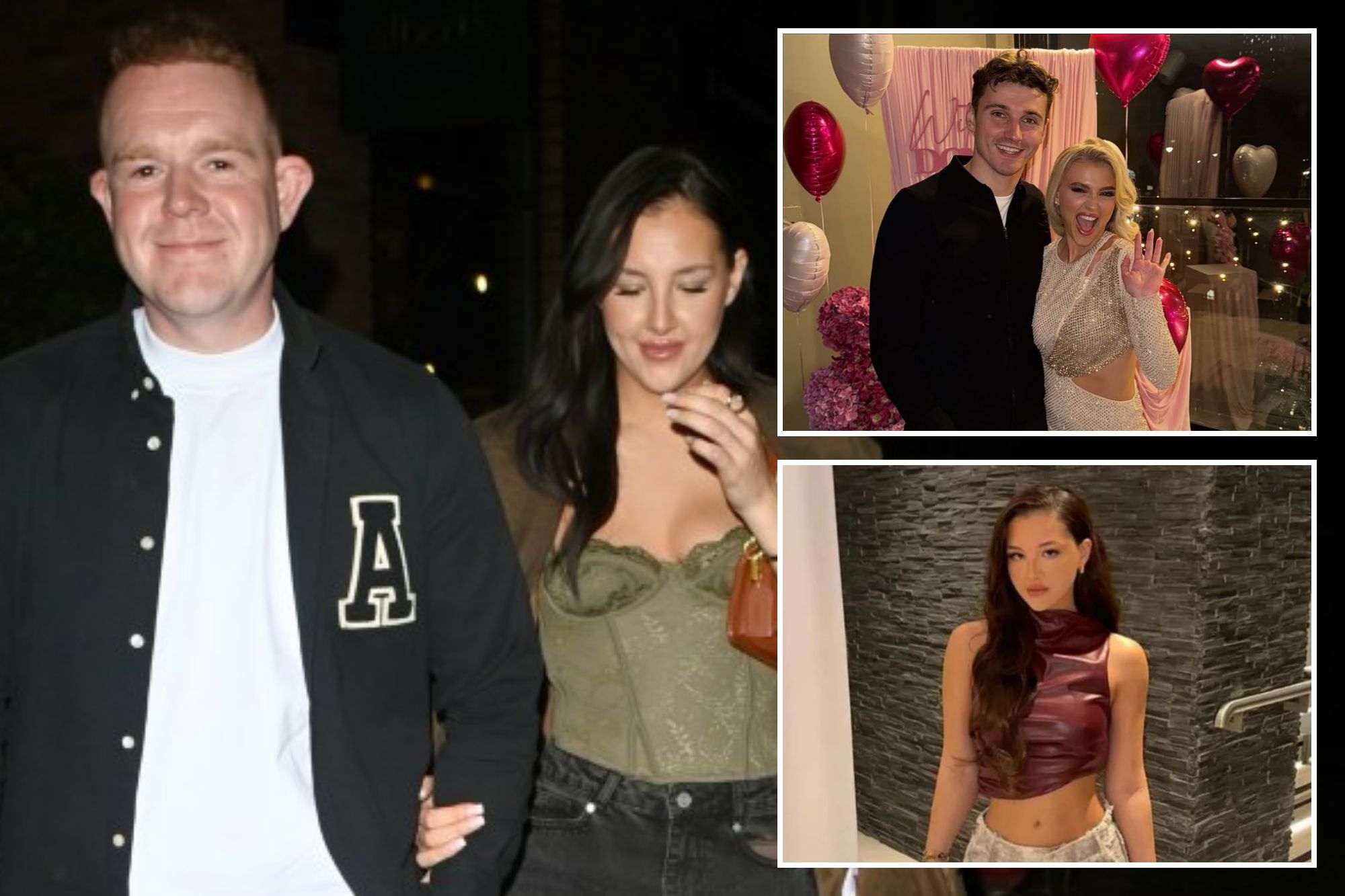 An image collage containing 3 images, Image 1 shows Colson Smith arriving with Lucy Fallon at her 30th birthday party, Image 2 shows Lucy Fallon with her fiancé, celebrating their engagement, Image 3 shows Taylor Gunn in a burgundy top and patterned pants, holding a glass of wine and a handbag