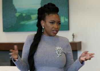 Rep. Jasmine Crockett speaks at Plum Hollow Golf Club on Nov. 15, 2025, in Southfield, Michigan.