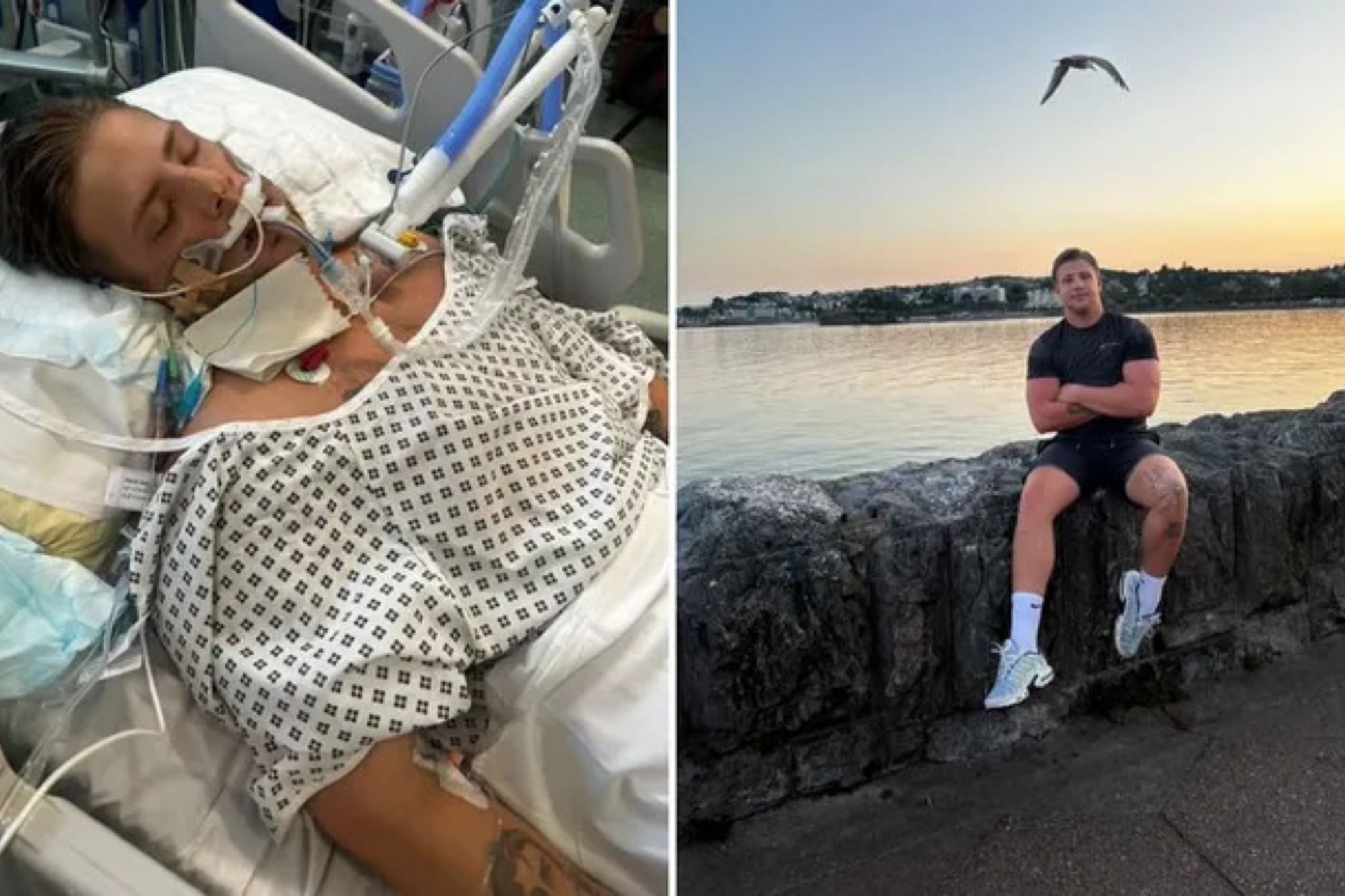 An image collage containing 1 images, Image 1 shows Collage of a man in a hospital bed with tubes, and a man sitting by a body of water with a sunset in the background