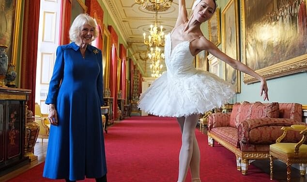 Camilla, 78, welcomed English National Ballet's principal dancer Sangeun Lee, 39, in one of the state rooms in the Chinese-themed East Wing of Buckingham Palace on Wednesday