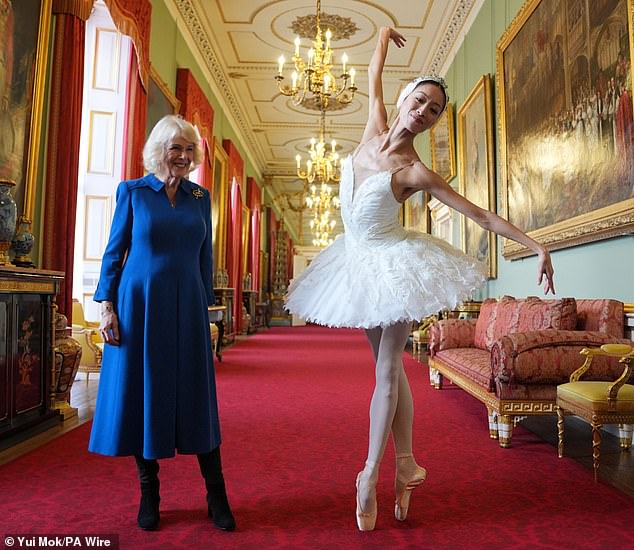Camilla, 78, welcomed English National Ballet's principal dancer Sangeun Lee, 39, in one of the state rooms in the Chinese-themed East Wing of Buckingham Palace on Wednesday